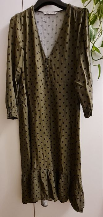 Zara sukienka khaki w groszki, boho. Wiskoza