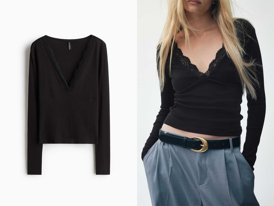 Bluzka S nowa kolekcja czarna koszulka bawełna koronka PROMOCJA