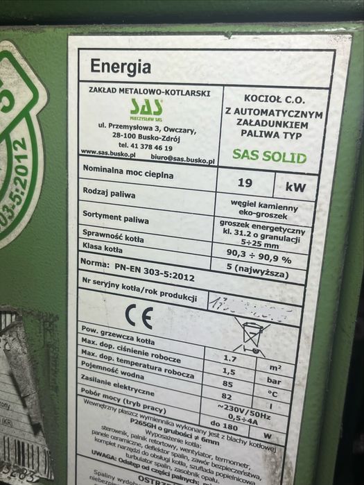 Piec na węgiel ekogroszek sas solid 19kW