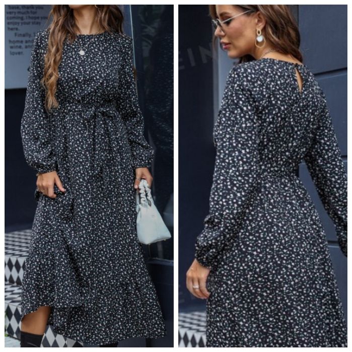 Długa czarna sukienka midi maxi w białe kwiatki XS-S