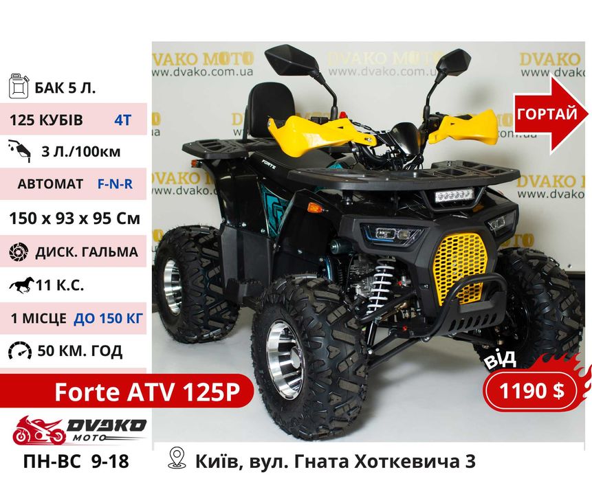 Підліткові Квадроцикли від 110 до 150 СС 1000w 1500w - FORTE SHARK 125