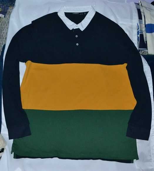 Męska Granatowa Bluzka z Kołnierzykiem W pasy kolorowe r.XL 56/58