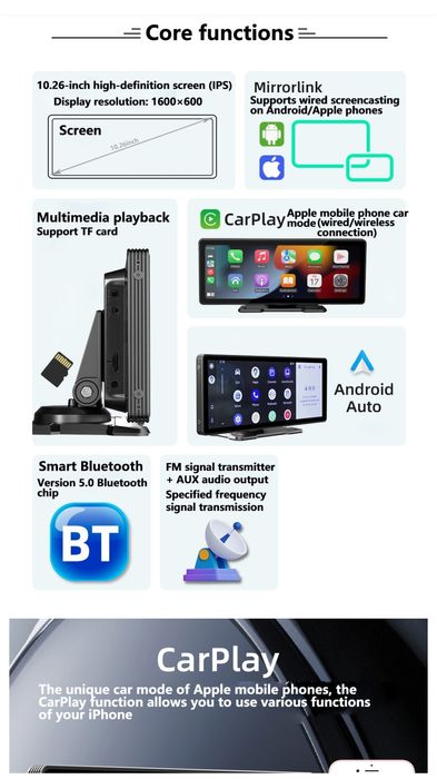 Auto Rádio Carplay MP5 portátil de 10,26 pol com bluetooth, tela HD