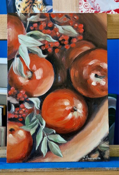 Obraz olejny jabłka,  ręcznie malowany 20x30cm