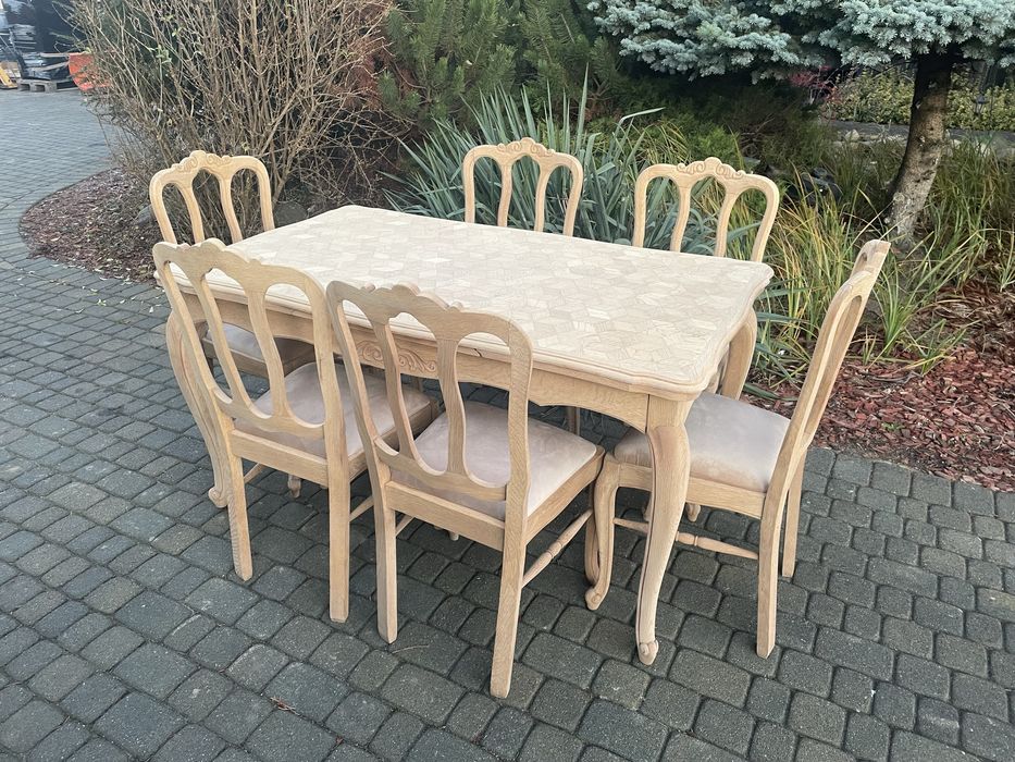 Stół 6 krzeseł w stylu ludwikowskim oczyszczone dąb stan surowy