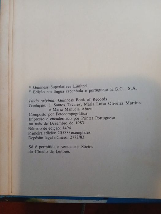 Guiness - O Livro dos Recordes, Círculo dos Leitores, 1 ediçao 20000 exemplares,  Dezembro de 1983