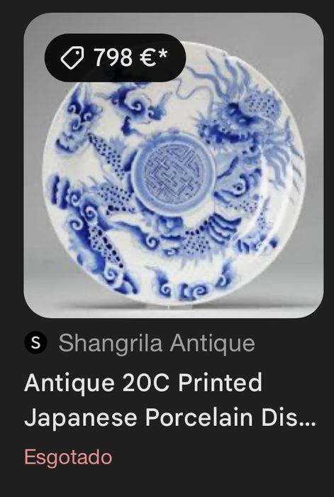 Prato porcelana japonesa antigo, com dragao azul e branco, sec XIX