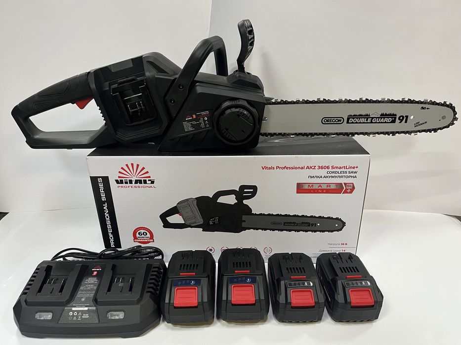 Професійна акумуляторна пила Vitals Professional AKZ 3606 SmartLine+/ швидкість 19 м/с/ 2 акб 6А/г + ЗП / 35 см шина, ланцюг Oregon/ Гарантія 5 років
