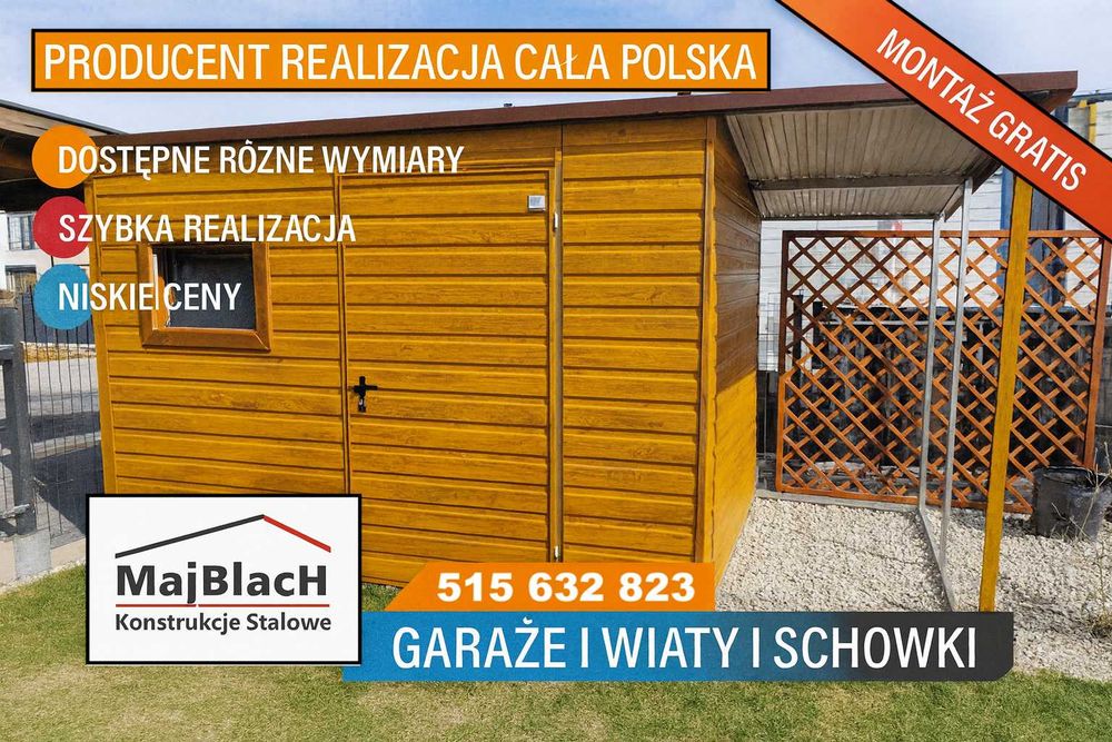 Złoty Dąb Garaż Blaszany Schowek Narzędziowy|Wiata Ogrodowa– Maj-Blach