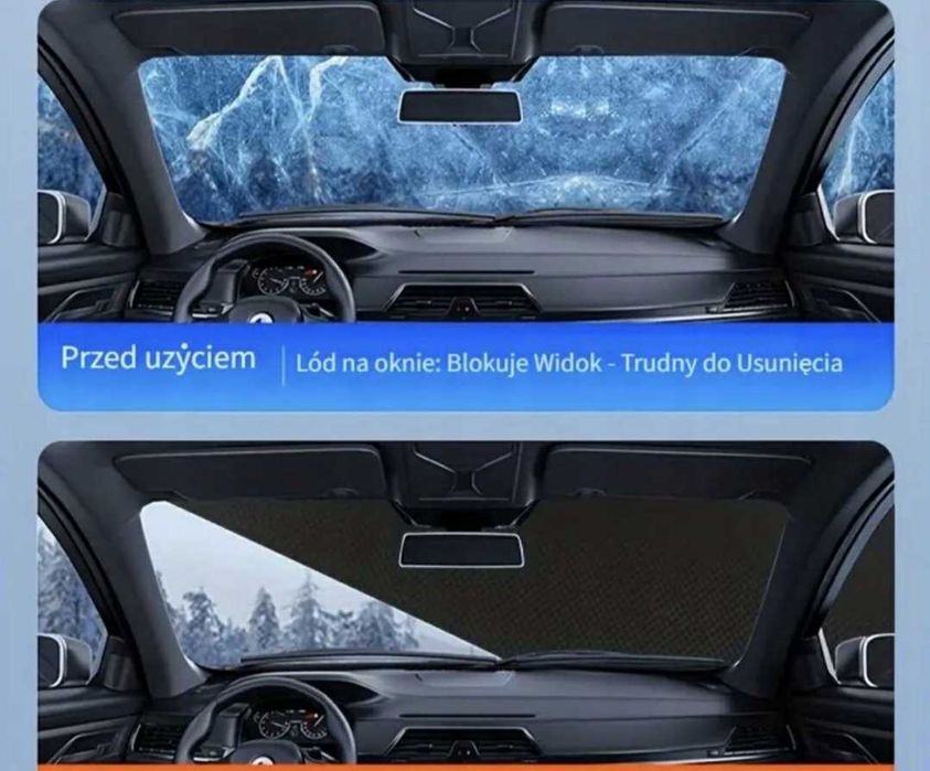 Mata antyszronowa, osłona na szybę samochodową, zielone lusterka.