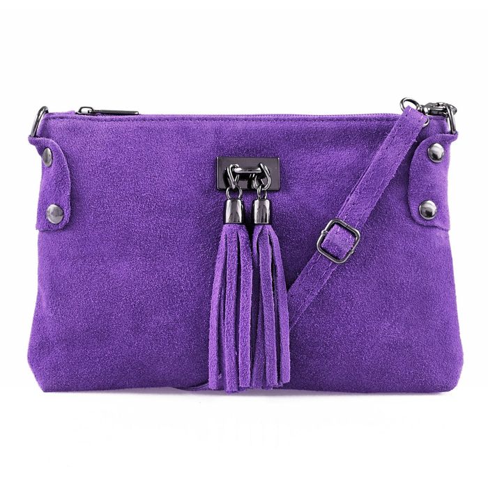 VERA PELLE torebka zamszowa listonoszka z frędzelkami V036 fioletowa
