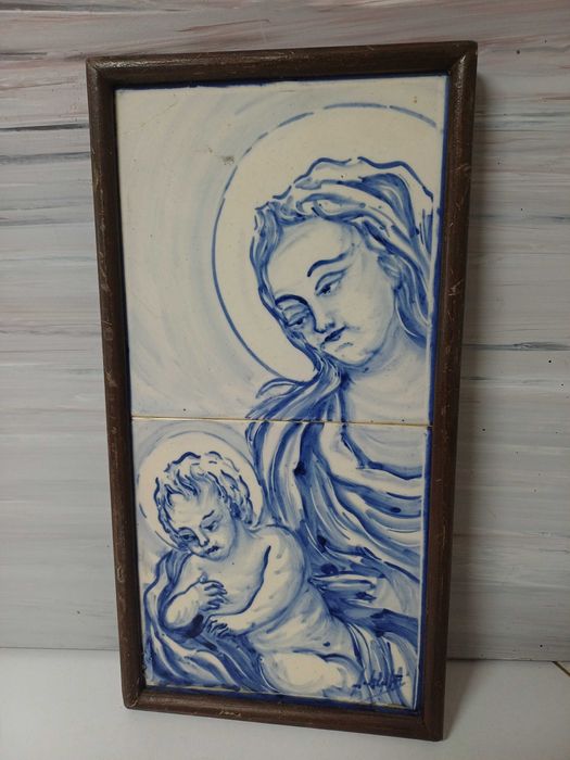 Quadro com painel de 2 azulejos antigos pintados á mão