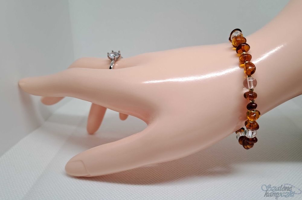 Bransoletka bursztyn bałtycki koniak, kryształ górski #116