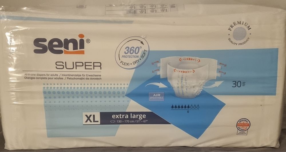 Dieluchomajtki dla dorostych Seni Super w rozmiarze XL. 50 zł
Super w