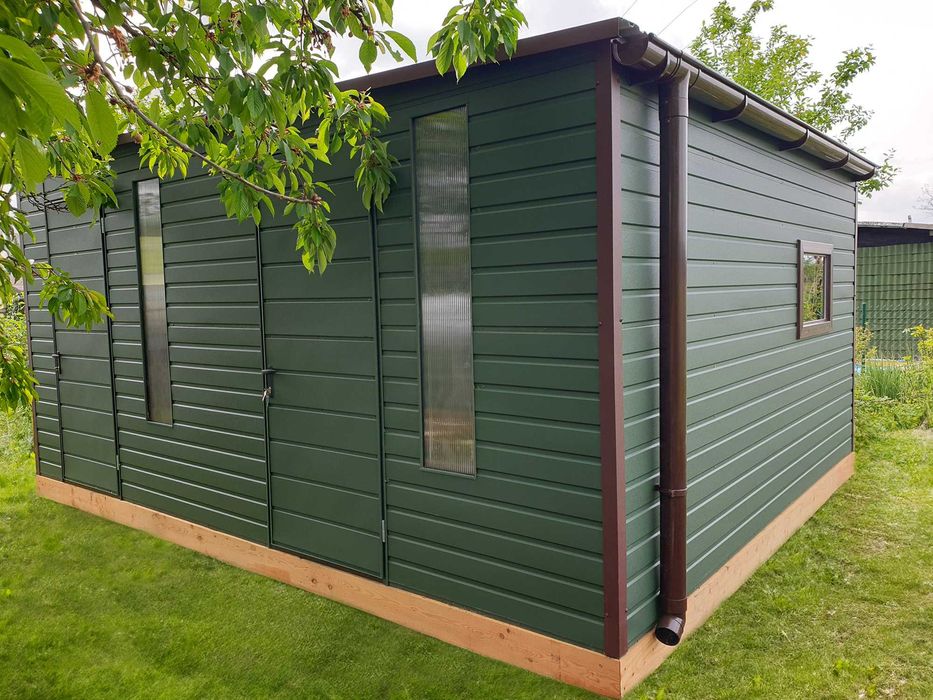 Domek ogrodowy 5×4m + Rynny Okna Drzwi Plexi – ciemnozielony matowy