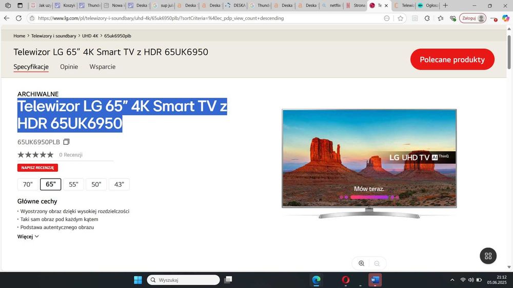 Telewizor LG 65” 4K Smart TV z HDR 65UK6950