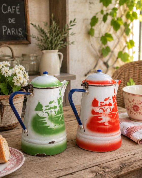 Par de cafeteiras antigas esmaltadas