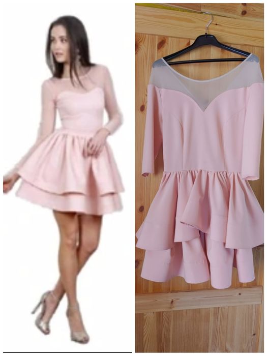 Nowa Sukienka wieczorowa rozm. 38 pudrowy róż z siatką, falbany, rozkl