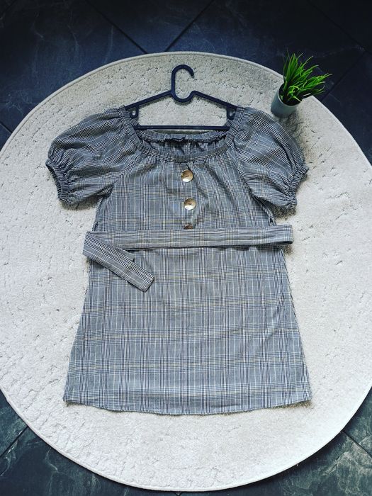 Zara Basic sukienka tunika w kratę, bufiaste rękawy, pasek w talii, zł