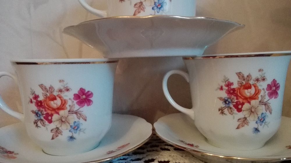 Serwis do kawy, wazon, stara porcelana Ćmielów, 6 osób