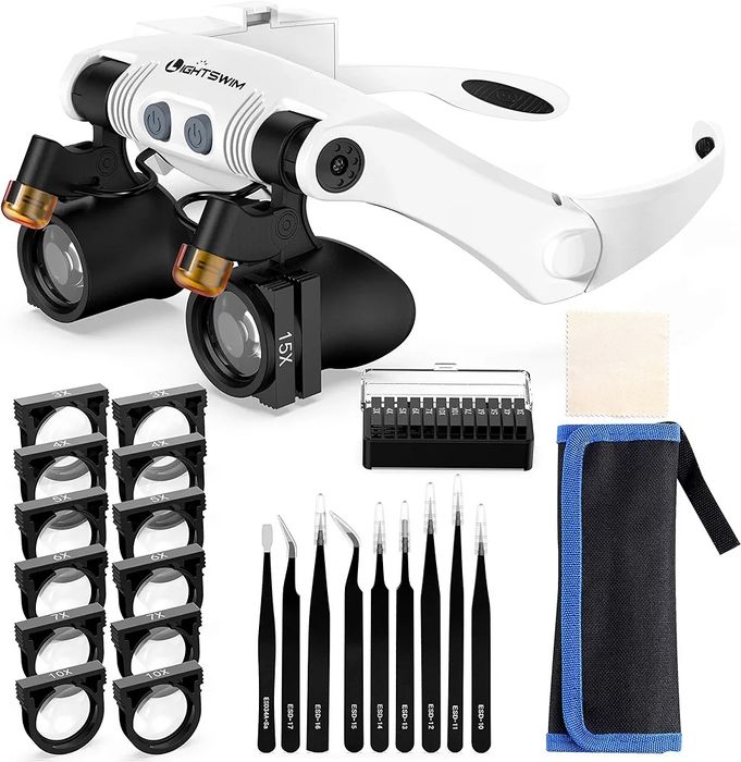 Lightswim Lupa z opaską na czoło, lupa z 2 diodami LED, wymienny obiek