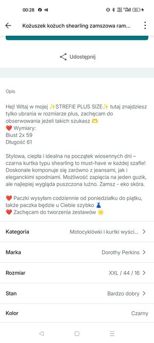 Czarny kożuch kożuszek shearling kurtka ramoneska plus size 44