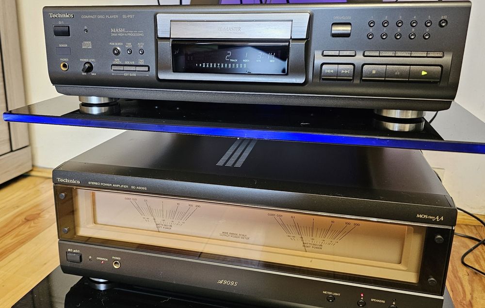 Technics-wzm.dwudzielony, zestaw audio, deck RS-A7, wieża 6-el.,4 piloty-bdb.stan