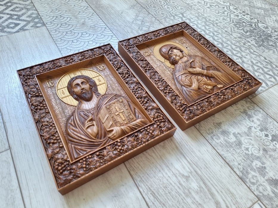 Пара ікон з дерева, вінчальні ікони, Богородиця, Ісус, свадебные иконы