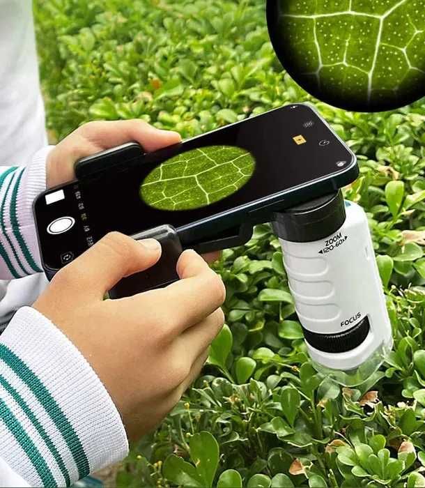 Microscópio de bolso pequeno portátil escola 60x a 120x LED novo