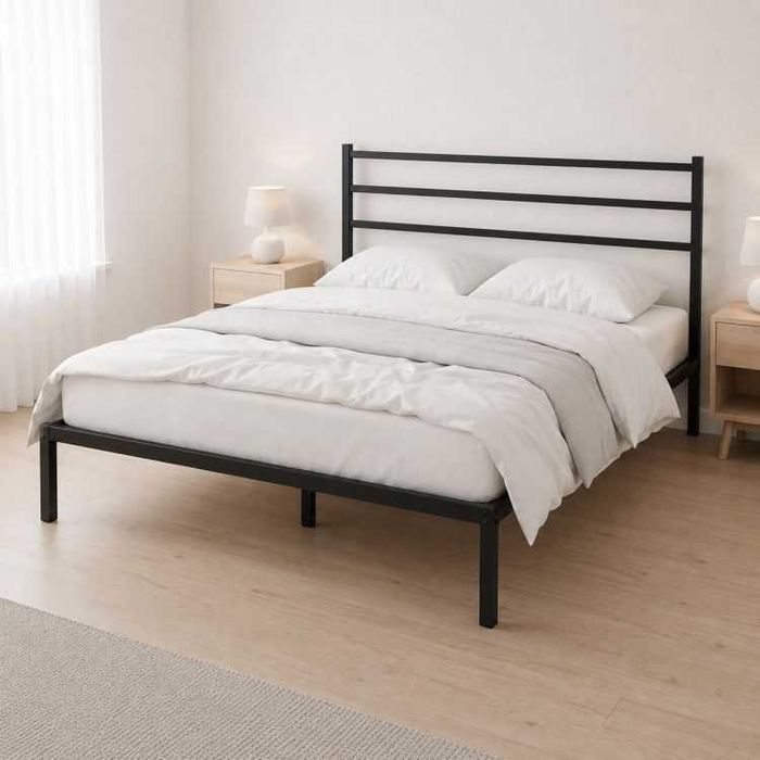 ŁÓŻKO metalowe 190x200 cm ze stelażem i zagłówkiem NOWOCZESNE CZARNE