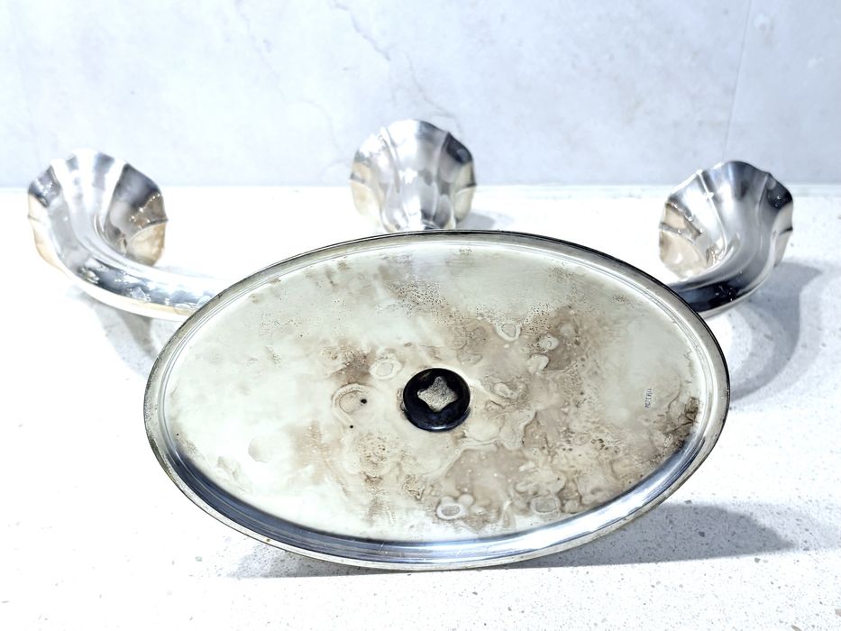 Lindo antigo castiçal de 3 lumes com banho em prata - marcado