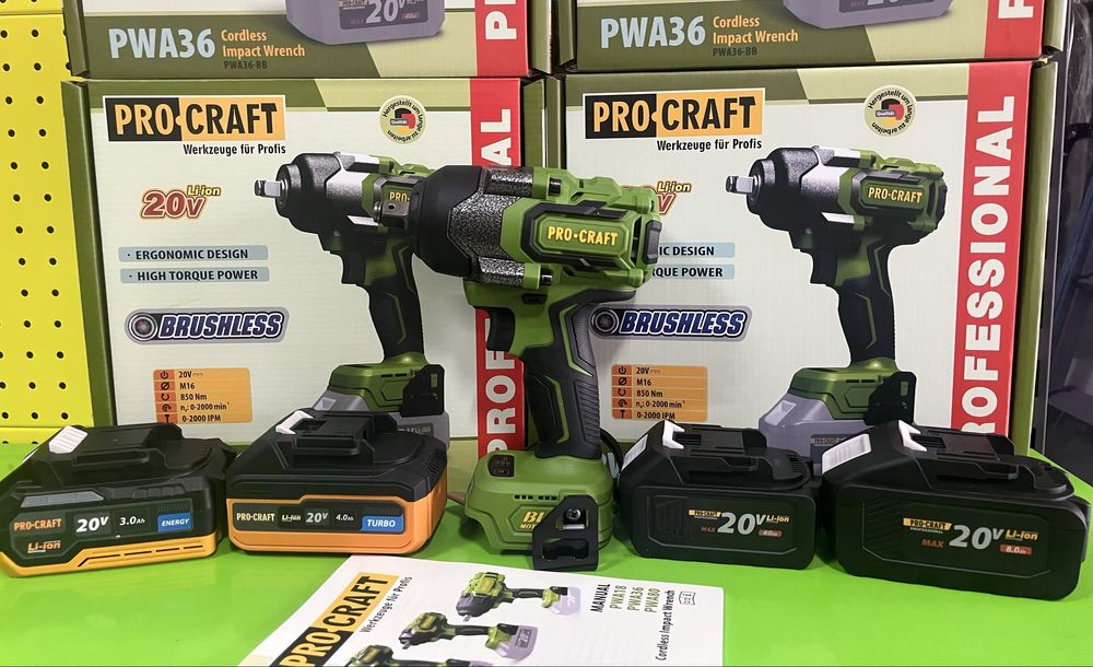 Гайковерт PROCRAFT PWA-36/ 850 Нм/акб 3, 4, 8 А/г/зарядне/ безщітковий