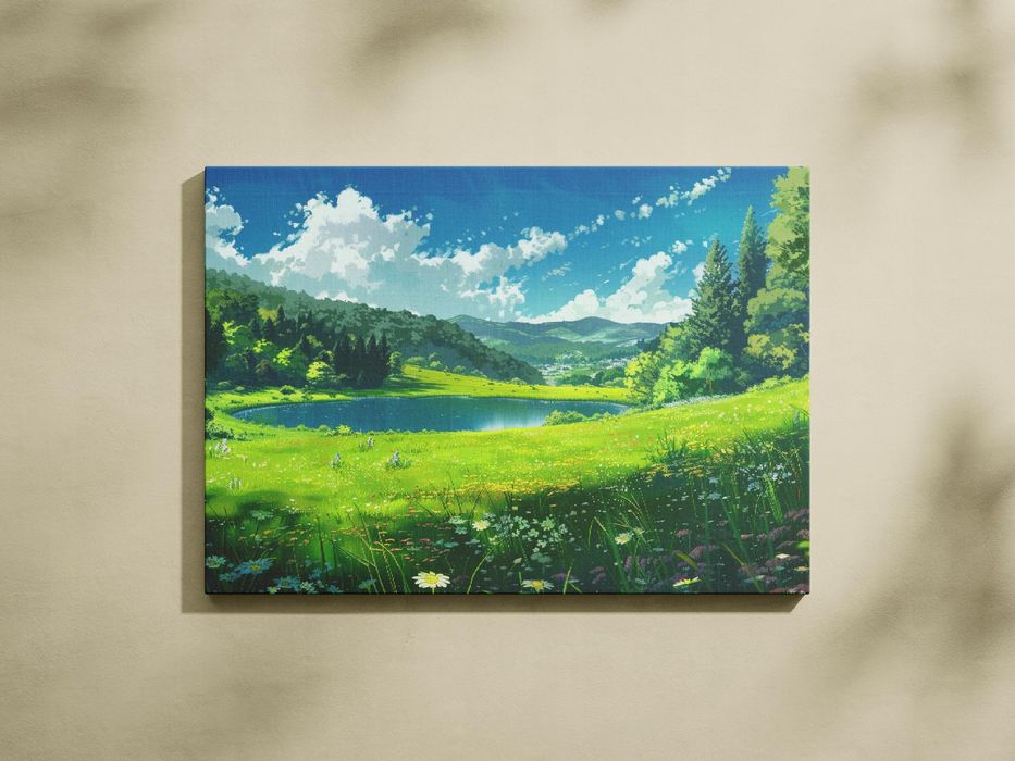 Obraz na płótnie "Łąka nad jeziorem" 80x60 cm – idealny do salonu
