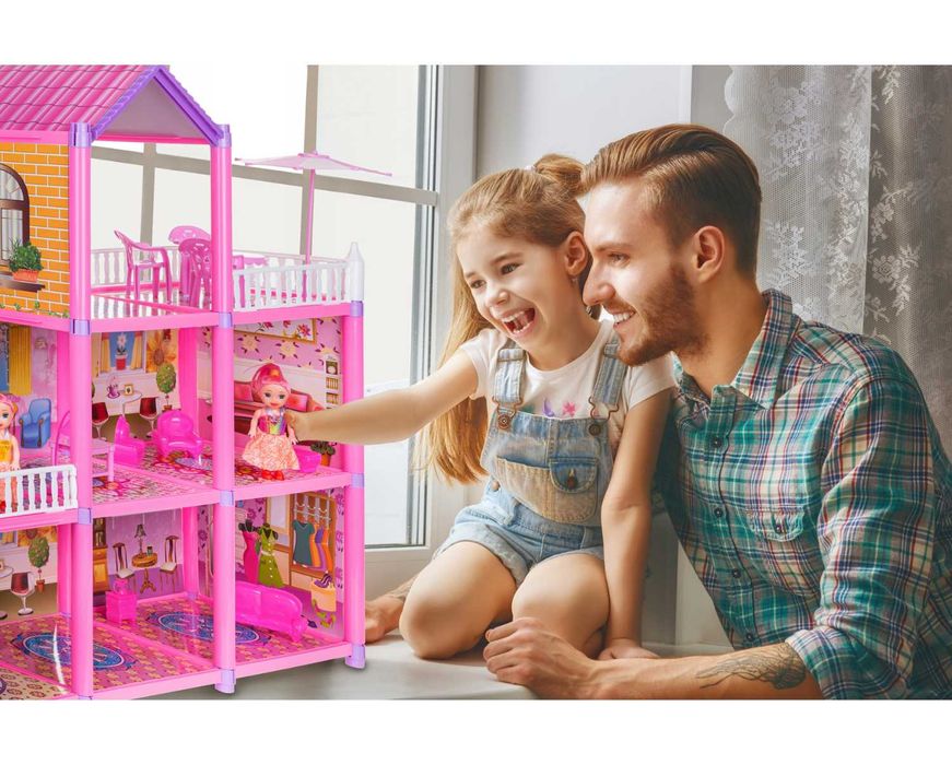 DUŻY Domek dla Lalek 3 Piętra 129 EL+ 2 Lalki Meble • Kompletny Zestaw