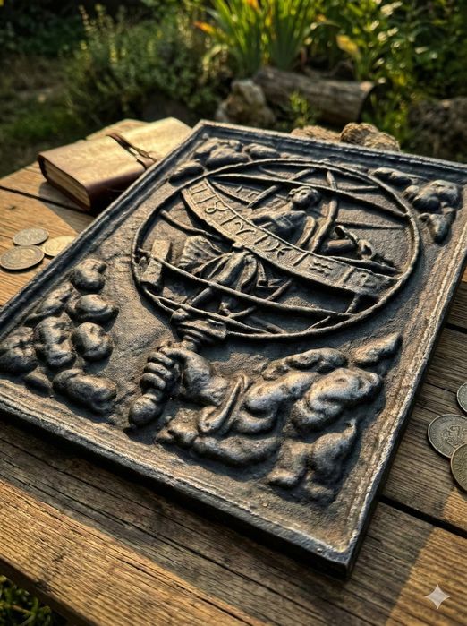 Płyta żeliwna Sfera Armilarna Zodiak Atlas - antyk loft fireback