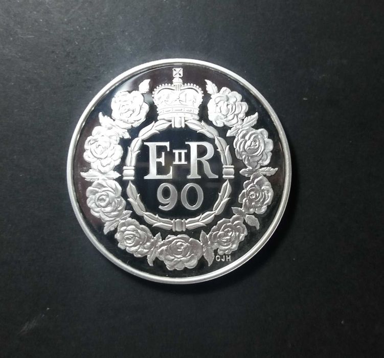 5 libras. 90 anos Isabel II. Prata proof 0,925. Rara.