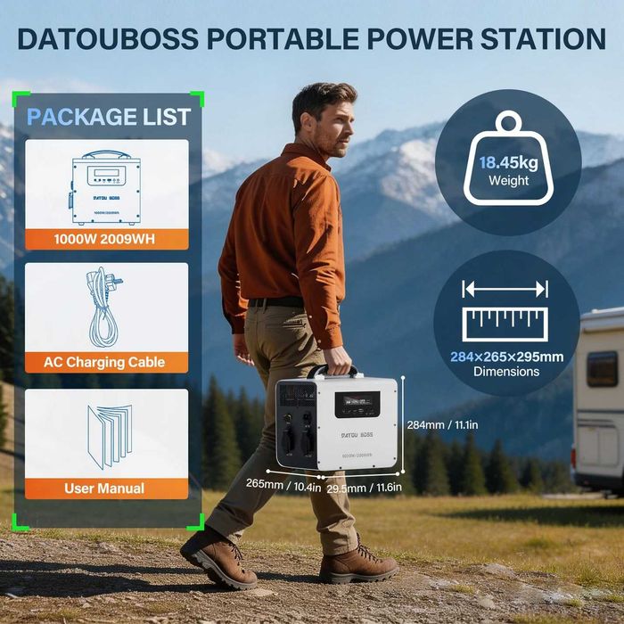 DATOUBOSS JC-1020, 1000 Вт, 2009 Вт·год, 230 В, чиста синусоїда, портативна електростанція з 550 Вт MPPT, резервне джерело безперебійного живлення