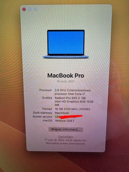 Laptop Apple MacBook Pro 2017 15 cali 16 GB RAM