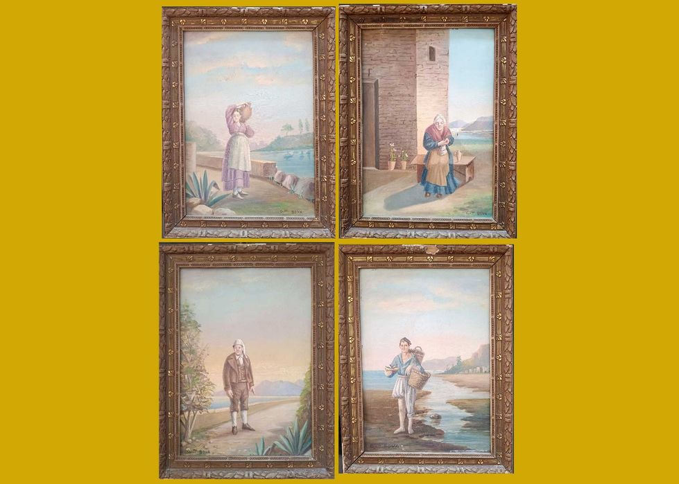 Conjunto de 4 Pinturas Italianas Antigas - Óleo sobre Zinco - G.M. Bova