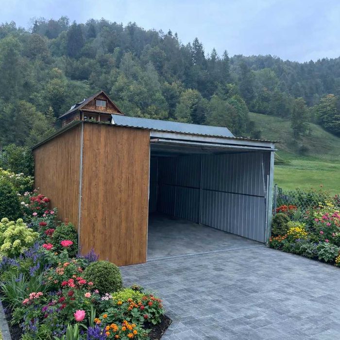 Garaż blaszany 4x5 RAL 7016 Brama Podnoszona Dach Dwuspadowy, Obróbki