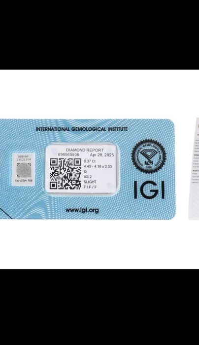 Diament naturalny 0,37 ct - G - VS2 Certyfikat IGI