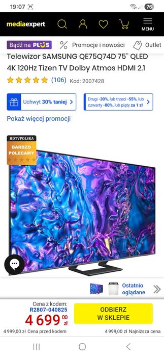 Telewizor SAMSUNG QE75Q74D 75'QLED 4 K 120Hz 2.1 NOWY!