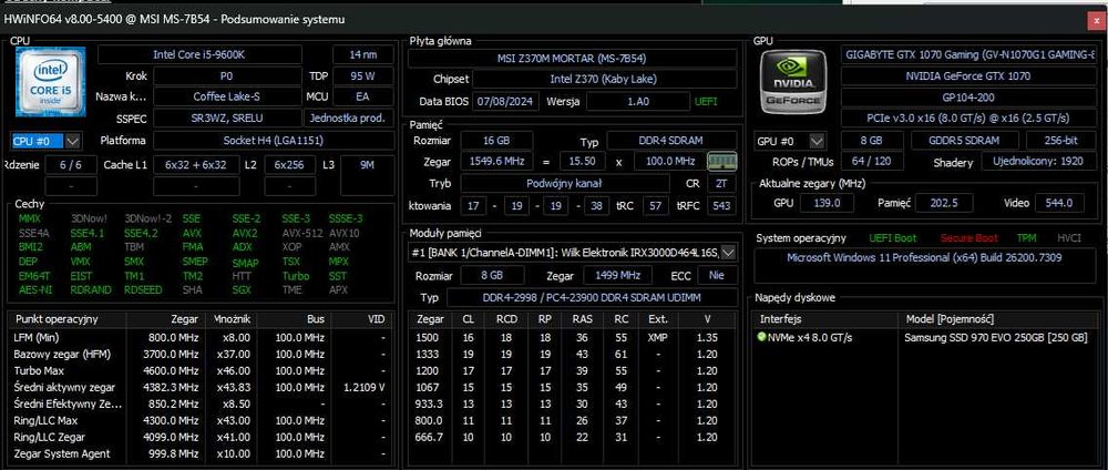 Komputer PC i5-9600k / GTX 1070 G1 / 16 GB RAM / MSI Z370 mortar / SSD