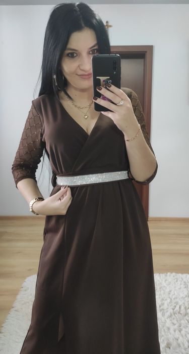 Sukienka długa maxi czekoladowa z paskiem wesele impreza