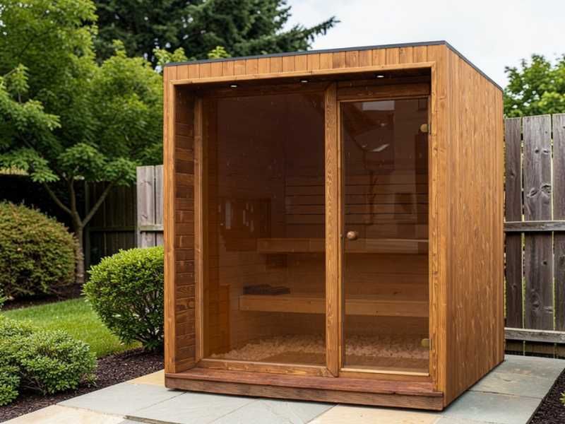 SAUNA OGRODOWA mała 2x2m: Świerkowy Azyl Piec Kolumnowy Eklektyczny Polski Producent