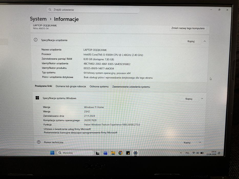 Laptop gamingowy Acer Nitro 5 | i5-9300H | 8GB RAM | Win 11 | Sprawny 100%