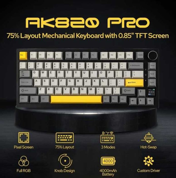 Клавіатура AJAZZ AK820 PRO Black-Yellow Ігрова Бездротова Механічна, RGB, Flying Fish Switch