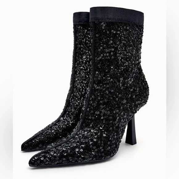 Zara botki eleganckie  cekinowe  czarne