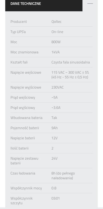 Zasilacz awaryjny UPS Qoltec 1000VA Pełny Sinus, nowy akumulator