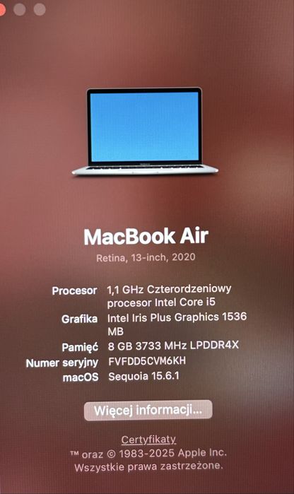 MacBook Air 13” 2020 i5/8GB/512GB Retina + pudełko + ładowarka